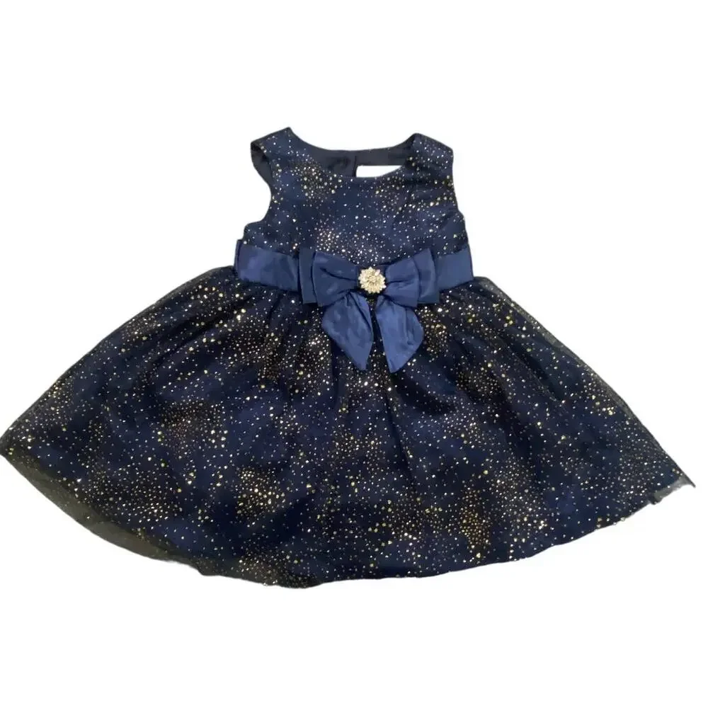 RARE EDITIONS Baby Girls Foil Mesh Dress with Satin Bow Navy 12 Months
